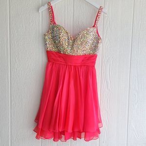 La femme Hot pink coral Sparkly mini dress